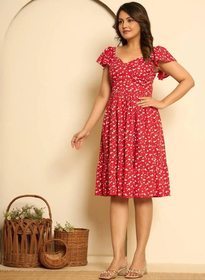 ملائم فستان ميدي فيسكوز مطبوع باللون الأحمر